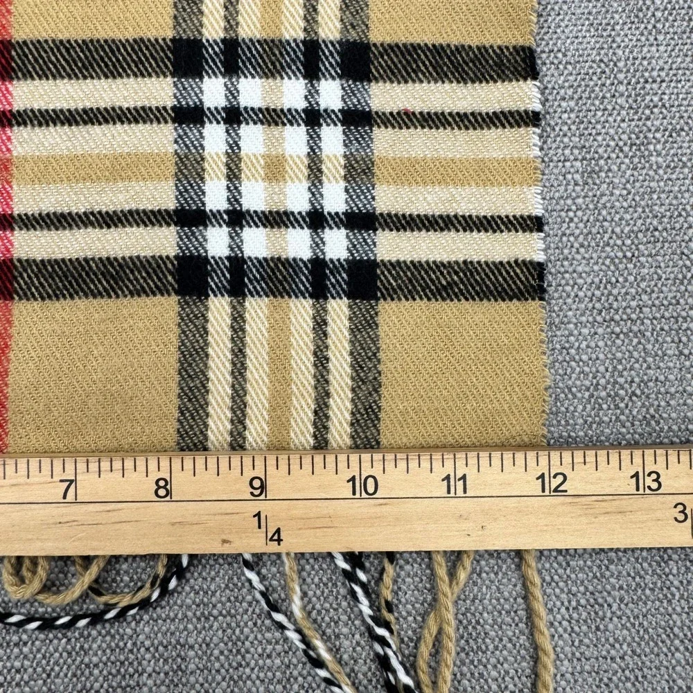 Italy Design Cashmere Blend Scarf Tan Plaid Fringe 20% Cashmere 80% Viscose